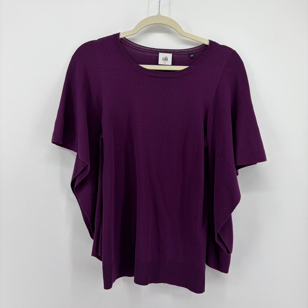 Cabi Womens Small Purple Knit Top‎ Flutter Cape Sleeve Pointelle Business Casual